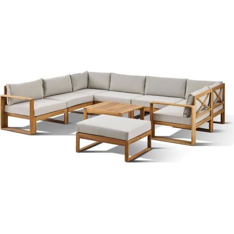 Salon de jardin d’angle modulable en acacia FSC gris de lin – Capacité 9 personnes – Coussins épais 14 cm – Table fixe 80x75x38 cm – Bocarnea (1/5)