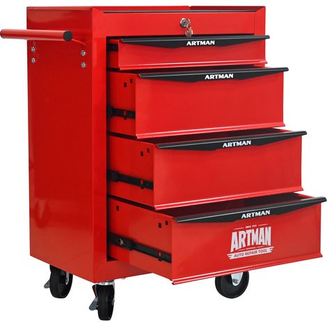 ELVMI Carro de Herramientas con 4 Cajones, Cerradura con Llave y 4 Ruedas, 2 con Freno, para Garaje, Acero Rojo Negro (1/5)