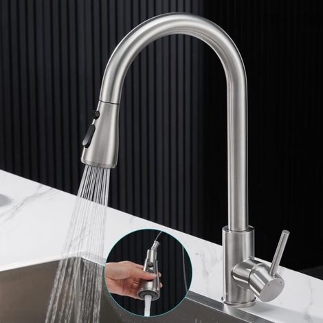 Robinet Cuisine avec Douchette Extensible Mitigeur - Rabattable Mitigeur Robinet Evier de Cuisine avec 3Douchette Modes, 360° Robinet Cuisine (1/5)