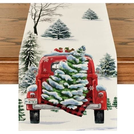 Chemin de table - Noël - Motif aquarelle - 33x183cm - 80% lin - Décoration intérieure (1/4)
