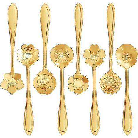 16-teiliges WOVTE Kaffeelöffel-Set, blütenförmige Teelöffel, Dessertlöffel, Rührlöffel, Tafelbesteck (Gold) (1/4)