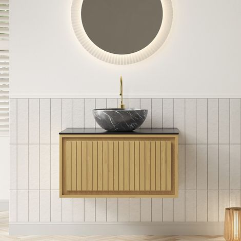 Lavabo mural 76x48x55,1 cm avec vasque céramique noire motif pierre, plan travail pierre frittée, meuble contreplaqué tiroir finition chêne (1/5)