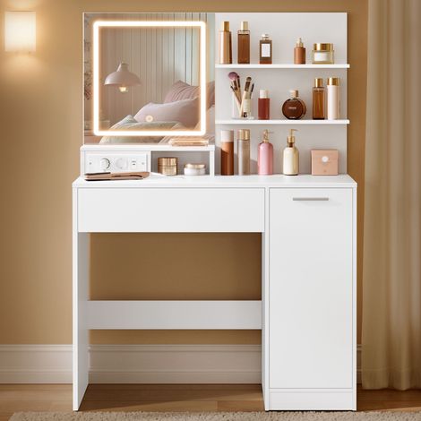 KAILYN Collection - Coiffeuse avec Miroir LED, avec Multiprise, Compartiment avec 2 Étagères Réglables, 1 Tiroir, 2 Étagères, Coin Beauté, Moderne, Blanc