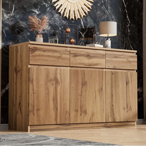 Aparador de madera, aparador de cocina con 3 puertas y 3 cajones, 135 x 40 x 81 cm (1/5)