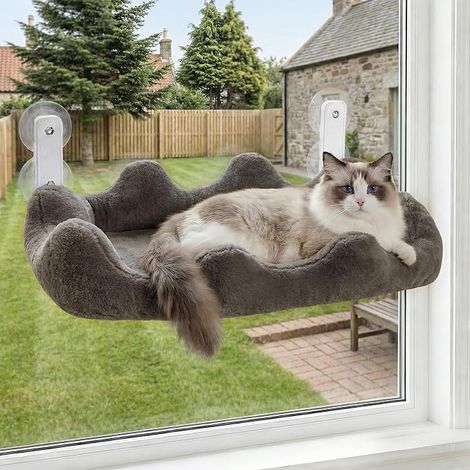 Cat Window Perch, Foldable Window Hammock with 4 Side Bolster and 4 Large Suction Cups, Wireless Cloud Window Bed for Indoor Cat (Grey, L) (1/5)