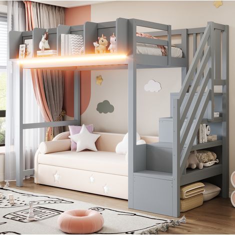 Letto a soppalco per bambini 90x200 cm in legno con illuminazione a LED, contenitore e scaletta, struttura in legno grigio (1/5)