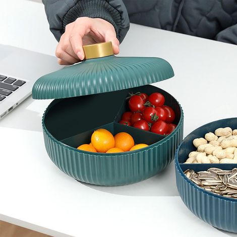 Servierplatte mit drei Fächern, aus robustem Kunststoff, schlichte, multifunktionale Obstschale mit Deckel, für Familienfeiern, Büro, dunkelgrün (1/5)