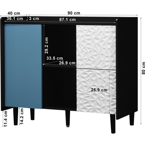 Buffet noir portes bleues 2 tiroirs panneau unique deux compartiments ouverts,meuble à café moderne pour cuisine salle à manger. (1/5)