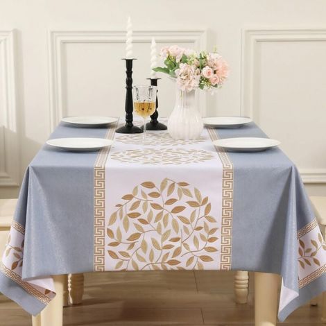 (Leaves - Blue- 140x140cm) Waterproof Tablecloth PVC Vinyl Plastic, Ironable Tablecloth, Stain Resistant Oil Proof Table Cover, Easy to Clean, Durable Elegant Table Cloth (1/5)