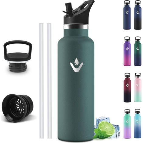 Gourde Isotherme 750ml, Acier Inox, Gourde Sport avec Paille, Bouteille Isotherme, 24h froid & 12h chaud, Bouteille d'eau pour le Sport, Fitness, Voyage, Vert armée (1/5)
