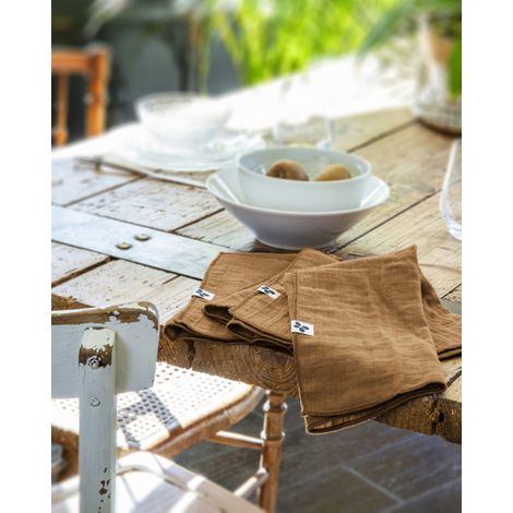 Lot de 3 serviettes de table "Gaïa" 40 x 40 cm "Gaze de Coton" - Gaïa Camel - Gaia Camel -