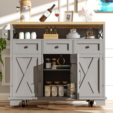 Îlot central de cuisine gris (118×43-80×98 cm) avec placard intégré, table roulante en bois à roulettes, rangement polyvalent, compartiments amovibles et barre à serviettes, meuble de salle à manger m (1/5)