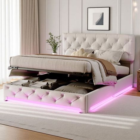 Cama Doble 140x200 - Cofre Hidráulico - LED RGBW - Cabezal Ajustable - Diseño Contemporáneo