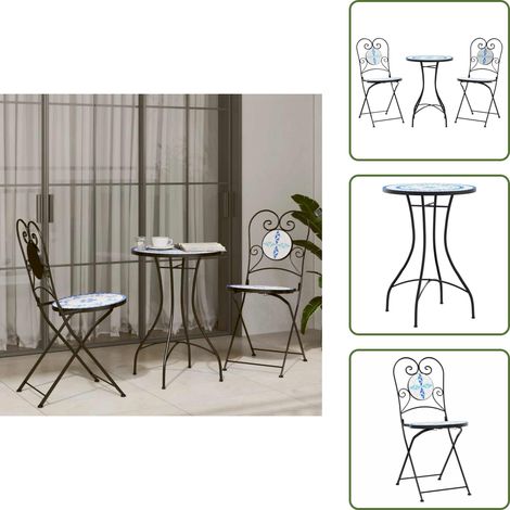 Ensemble de bistro mosaïque bleu et blanc fer et céramique - Ensemble De Bistro - Mobilier De Jardin - Salon De Jardin - Table Et Chaises - Mosaïque