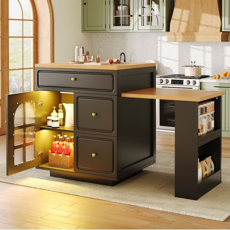 Îlot de cuisine extensible 195,5x59x93,5 cm en MDF noir, avec rangement pour cuisine FLORAGRACE (1/5)