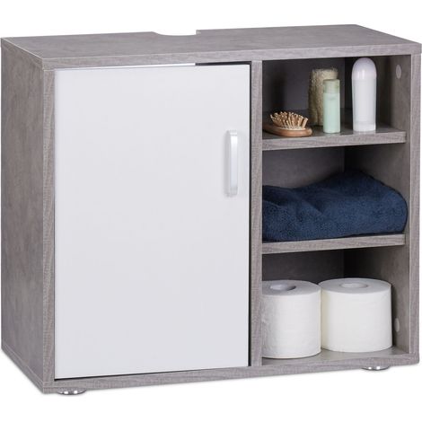 Relaxdays Basin Vanity Unit, One Door, Bathroom Under-Sink Cabinet, Siphon Cut-Out 51x60x32 cm, Grey (1/5)
