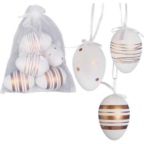 Anhänger in Eierform aus Kunststoff, 6er-Set, 6 cm, weiß und gold (1/5)