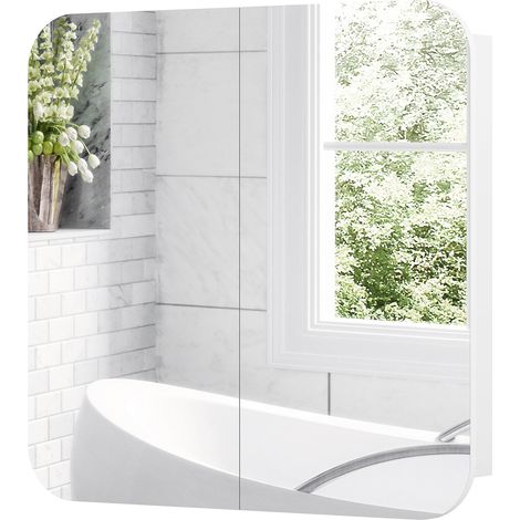 Meuble de salle de bain avec miroir, design aux bords arrondis, 2 portes, étagères réglables, 68 x 13 x 66 cm, blanc (1/5)