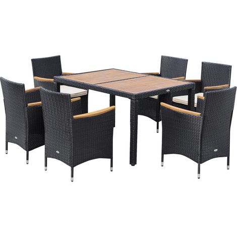 Outsunny 6-Sitzer Gartenmöbelset: rechteckiger Tisch + 6 Sessel mit abnehmbaren Kissen, Stahl, Kunstharz, schwarze und beige Akazie