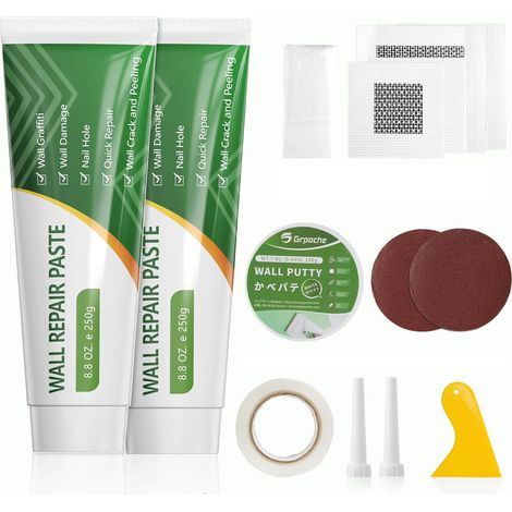2 x 250g Crème Réparation Murale, 1 x 200g Mastic Blanc Intérieur, 4 Patchs Dautocollants Muraux, Enduit de Rebouchage Pâte de Murs pour Réparer les Trous, Fissures, Graffitis, Murs (1/5)