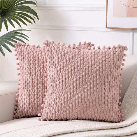 Lot de 6 Housses de Coussin en Velours Côtelé 30x50cm, Rose Poussiéreux, Garniture Pompon, Housse Décorative pour Canapé et Chambre (Sans Rembourrage) (1/5)