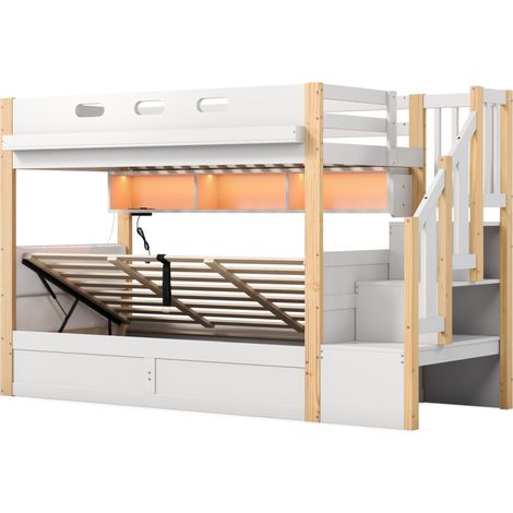 Litera infantil 90 x 200 cm de pino blanco con almacenaje y LED HOMVRA (1/5)