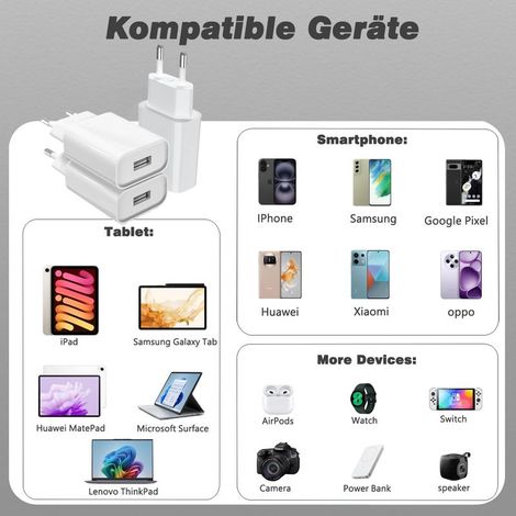 (3er-Pack) 12-W-USB-Stecker, USB-B-Ladeadapter, 5-V-2,4-A-Netzteil, kompatibel mit iPhone, iPad, iPod, Android-Geräten, Xiaomi, Samsung, Sony, LG, Tablets, Smartphones, MP3-Playern, USB-B-Netzteil, Wa (1/5)