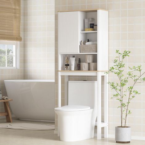 Meuble Rangement Dessus Toilette  Porte Cannelée + Compartiments + Étagère Réglable  65x25x170 cm  Blanc