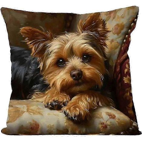 Coussin décoratif bohème en polyester, motif Yorkshire Terrier, 45 x 45 cm (1/4)