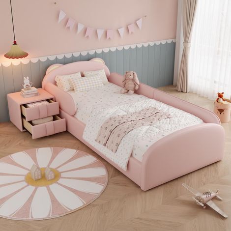Lit capitonné, lit simple, lit enfant, tête de lit mignonne en forme d'ours, avec table de chevet assortie, bord et tête de lit en mousse douce anti-choc, velours + contreplaqué, rose, 90 x 200 cm