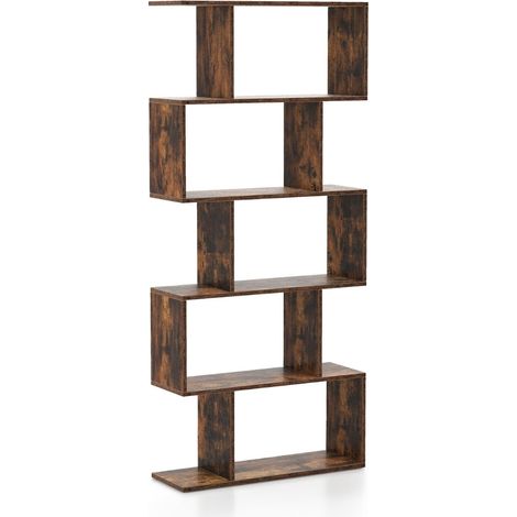 Libreria in legno con 5 ripiani e antiribaltamento, design a forma di S