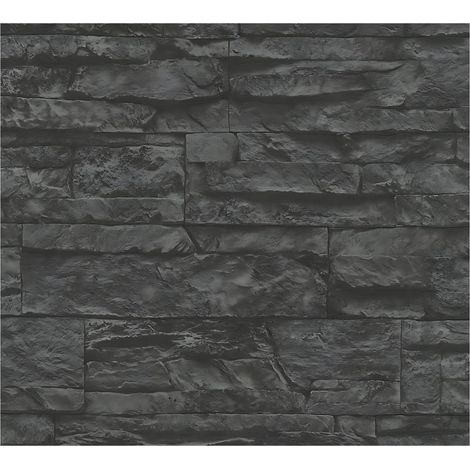 Carta da parati a pietre e mattonelle Profhome 707123 Carta da parati TNT leggermente strutturata con elementi di natura opaca grigio nero 5,33 m2 (1/5)