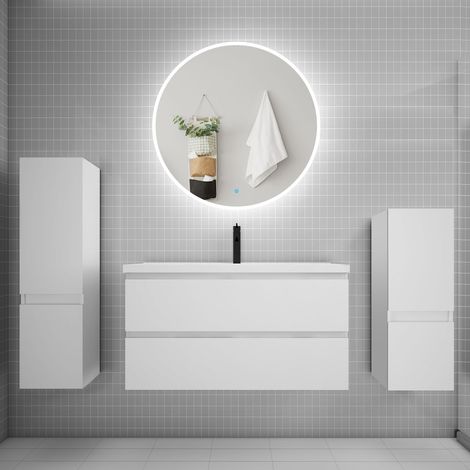 Ensemble meuble vasque L.99cm 2 tiroirs + lavabo + LED miroir rond 90cm + 2colonne,blanc (1/5)