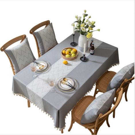 Nappe Imperméable en Lin Artificiel 90x90cm, Housse de Table Carrée Grise à Pompons, Résistante à l'Huile pour Salle à Manger (1/4)