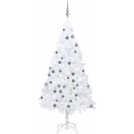 Sapin de Noël artificiel pré-illuminé avec boules décoratives blanches, 120 cm, en PVC. (1/5)