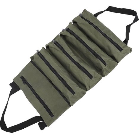 Sac à outils enroulable en toile, rangement portable pour quincaillerie, avec 5 poches zippées, pour électricien et mécanicien, vert armée (1/5)