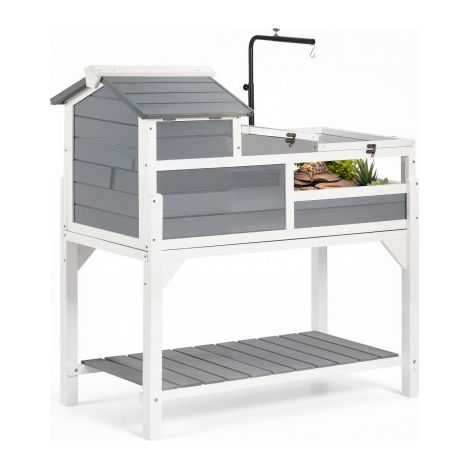Enclos Tortue Bois 4 Zones Maison Tortue Terrestre Support Lampe 360° pour Petits Animaux,Reptiles,Intérieur et Extérieur,2 Étages avec Rampe,Toit Ouvrant,Étagère de Rangement,Bac Amovible (1/3)