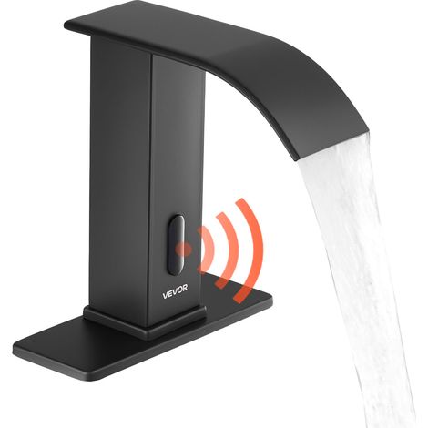 VEVOR Robinet Automatique sans Contact, Mitigeur Lavabo Cascade a Capteur de Mouvement, Melangeur d’Eau Chaude et Froide avec Plaque de Protection, pour Tuyau 9,5 mm, Bar Cuisine Salle de Bain, Noir