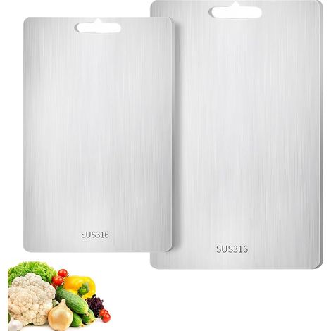 2 Pcs Planche Decouper Inox, Plaque Trancher Deux Côtés Nettoyer Facile, Panneau Couper Multifonctionnelle, Équipement Cuisine Niveau Aalimentaire pour Viande, Pain, Fruits, Légumes (4630cm, 2334cm)