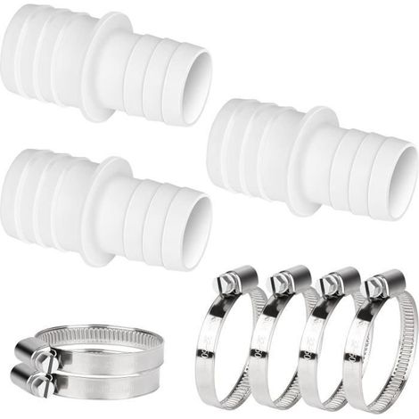 Schlauchverbinder für Poolrohre 32-38mm - Set mit 3 Stück und 6 Schlauchschellen - Weiß