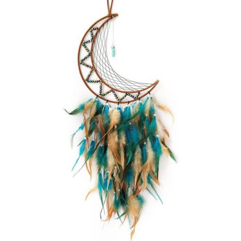 Attrape-Rêves - Forme De Lune - Plumes Marron Et Bleues - Décoration Chambre À Coucher - 1 Pièce (1/5)