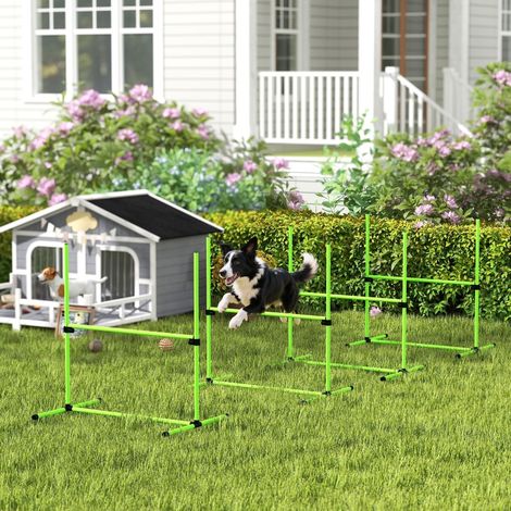 Ensemble d'agilité pour chiens 4 pièces réglable en hauteur avec haies, tunnel et sac de transport – 99 x 65 x 94 cm, vert (1/4)