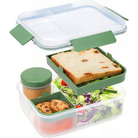 Lunch Box 1600 ml, Travail de Camping Bento Box, Adultes et Enfants Boîte à Repas, Scellé Étanche Boîte à Déjeuner, avec Compartiment et Boîte à Sauce Boîtes Bento, Vert (1/5)