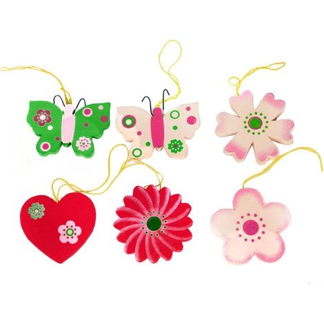 Colgantes de madera con flores y mariposas, 6 unidades, Pascua/Primavera (1/2)