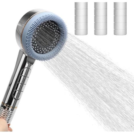High-pressure shower head, 4 jets, anti-limescale and water-saving, integrated stop button