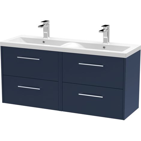 Winshill Contemporary 4 Drawer Wall Hung Vanity Unit with Double Basin, Dark Blue, 1200mm