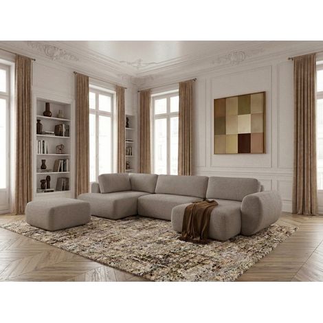 BOBOCHIC - Canapé panoramique convertible coffre DENISE tissu texturé avec pouf Angle droit Taupe (1/5)