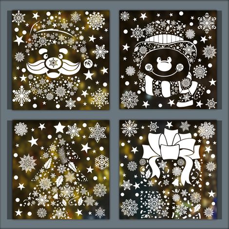 Autocollants de Noël, flocons de neige blancs, cadeaux, sapin du Père Noël, autocollants pour fenêtres, bonhomme de neige, chaussettes de Noël, rennes, décorations de fenêtres, autocollants statiques.