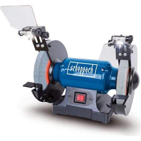 Scheppach Touret Mixte SM200L - Puissance 500W - Pare-étincelles réglable - Porte-outils réglables - Meules en grain 36 et 60 de Ø200mm - LED - Bâti en fonte grise - Travaux multiples