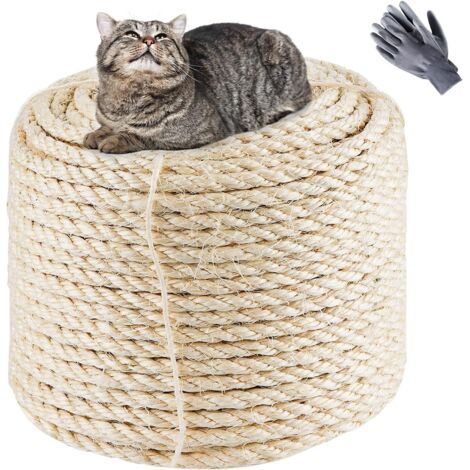 Corde en sisal naturel 8 mm x 60 m, vieille corde de rechange blanche naturelle pour chats avec une paire de gants de protection pour arbre à chat fleur d'arbre à chat (1/5)